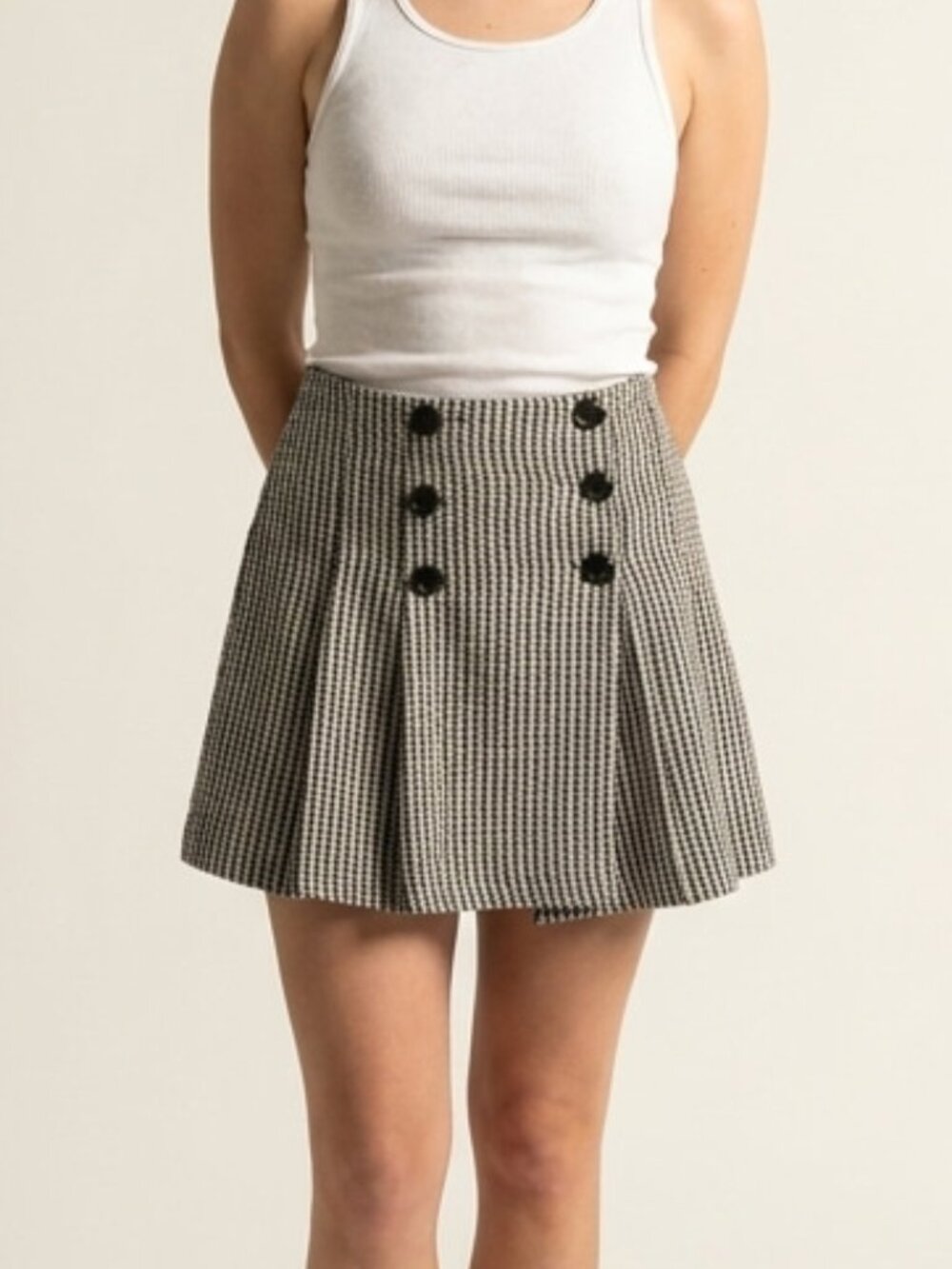 Girls Houndstooth Pleated Skirt - White/Black